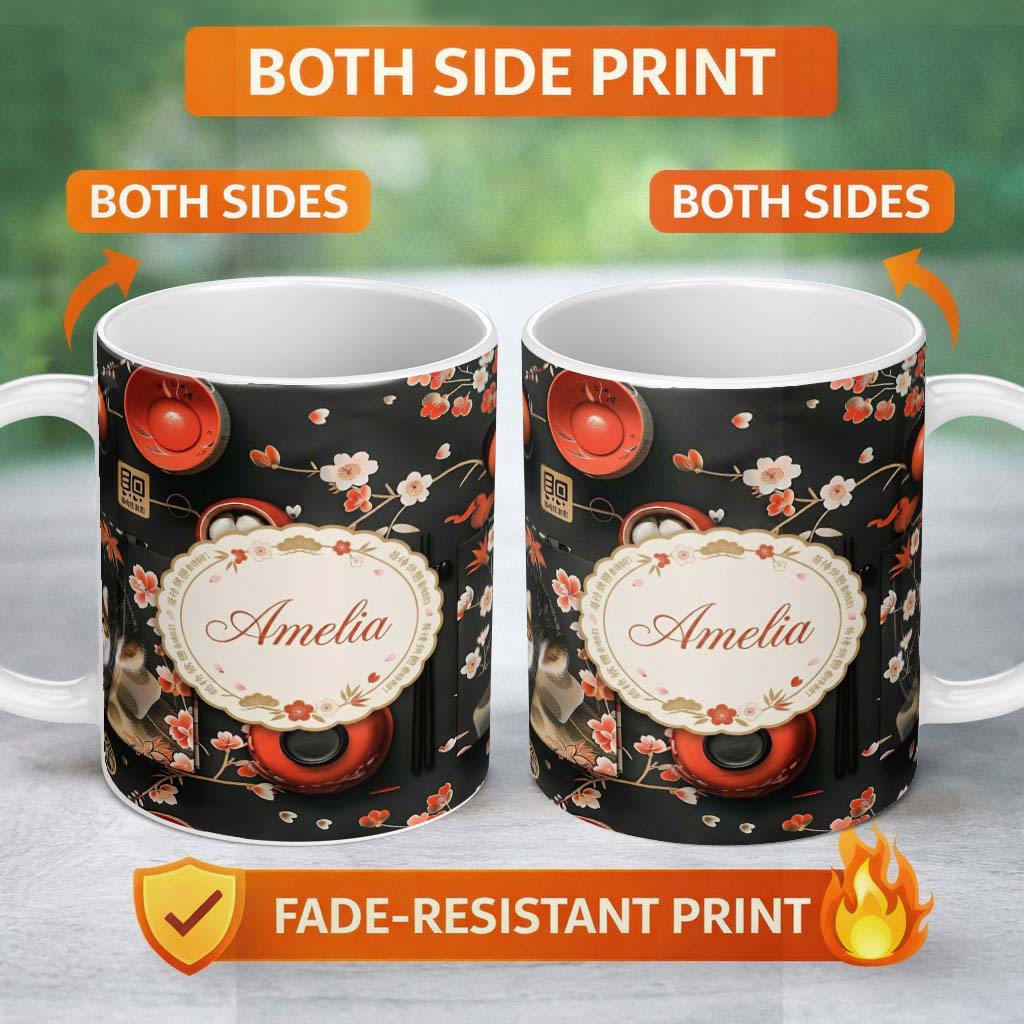 Personalized Custom Name Japanese Dining Table with Cherry Blossoms and Traditional Tableware 11oz Ceramic Coffee Tea Mug White Large Handle
