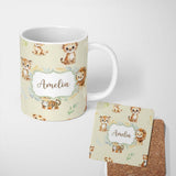 Personalized Custom Name Baby Safari Animals Leopard Tiger Lion on Soft Cream Seamless 11oz Ceramic Coffee Tea Mug White Large Handle