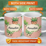 Personalized Custom Name Cute Kawaii Smiling Plant Pots Leaves Seamless Pattern Beige Lovely 11oz Ceramic Coffee Tea Mug White Large Handle