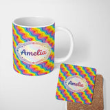 Personalized Custom Name Bright Rainbow Wavy Stripes Seamless Pattern Cute Unique Gift Lovely 11oz Ceramic Coffee Tea Mug White Large Handle