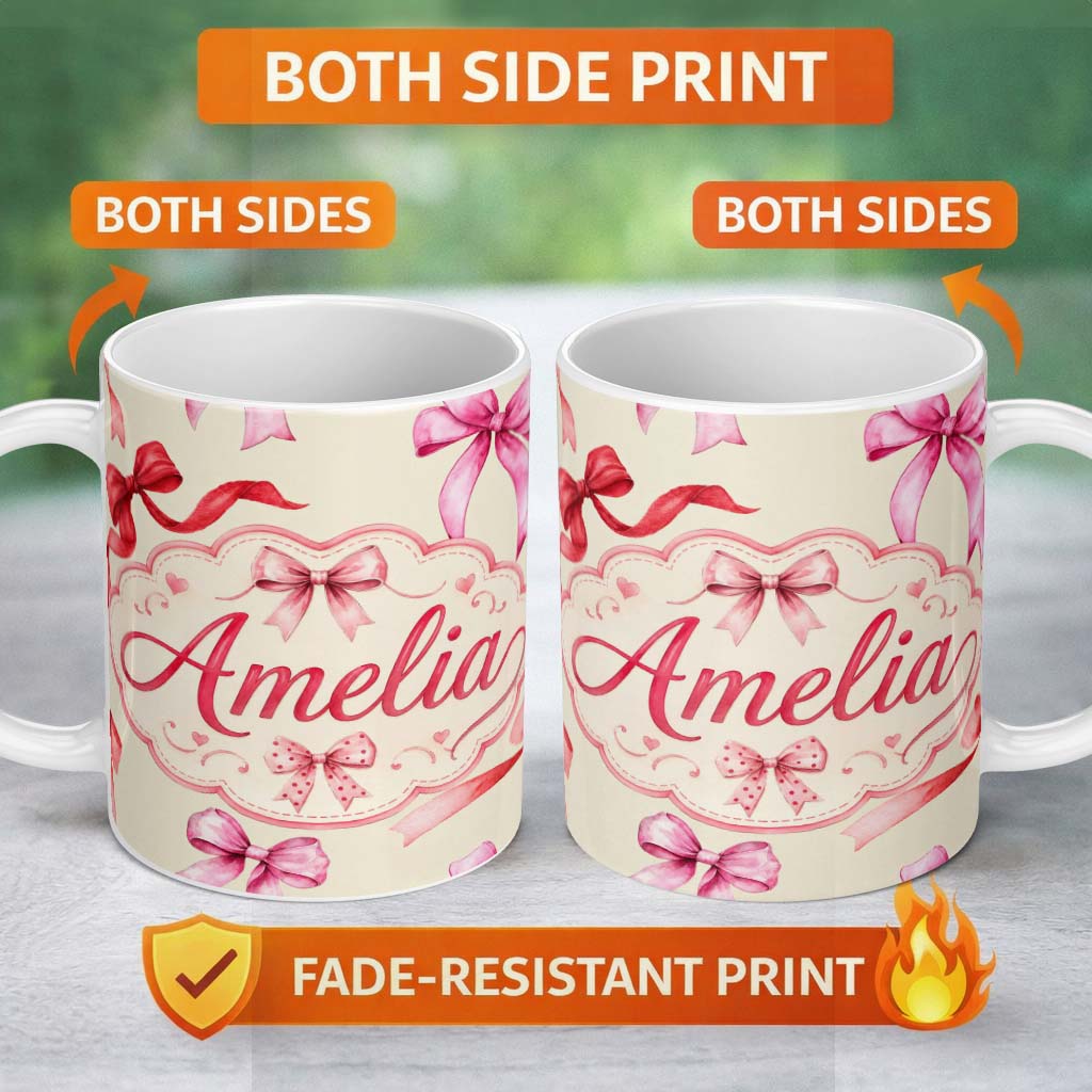 Personalized Custom Name Watercolor Red and Pink Ribbon Bows Light Olive Background Cute 11oz Ceramic Coffee Tea Mug White Large Handle
