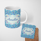 Personalized Custom Name Yellow Floral Cake Seamless Pattern Botanical Dessert Food Design 11oz Ceramic Coffee Tea Mug White Large Handle
