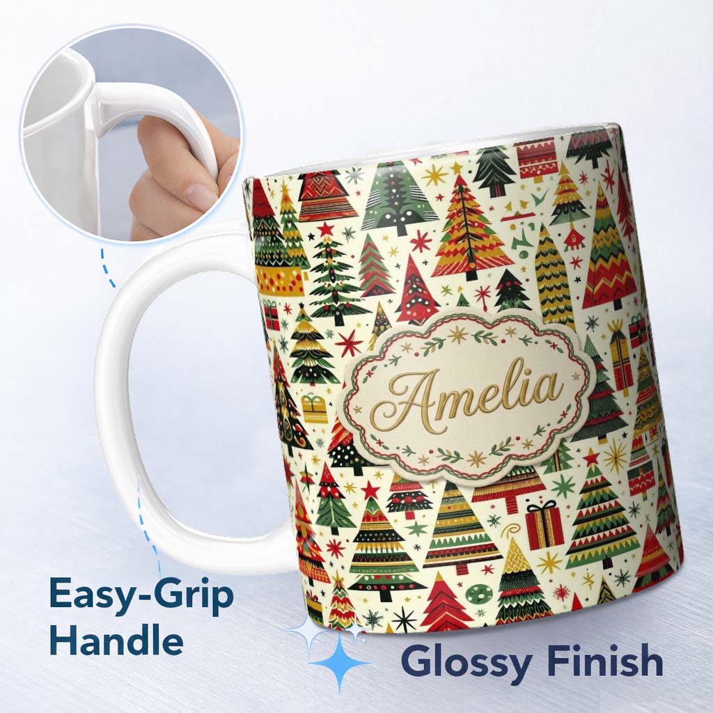 Personalized Custom Name Vintage Nordic Christmas Trees and Festive Ornaments in Red Green 11oz Ceramic Coffee Tea Mug White Large Handle