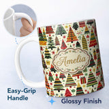 Personalized Custom Name Vintage Nordic Christmas Trees and Festive Ornaments in Red Green 11oz Ceramic Coffee Tea Mug White Large Handle