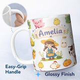 Personalized Custom Name Cute Farm Girl Pig Cow Chicken Corn Milk White Background Seamless 11oz Ceramic Coffee Tea Mug White Large Handle