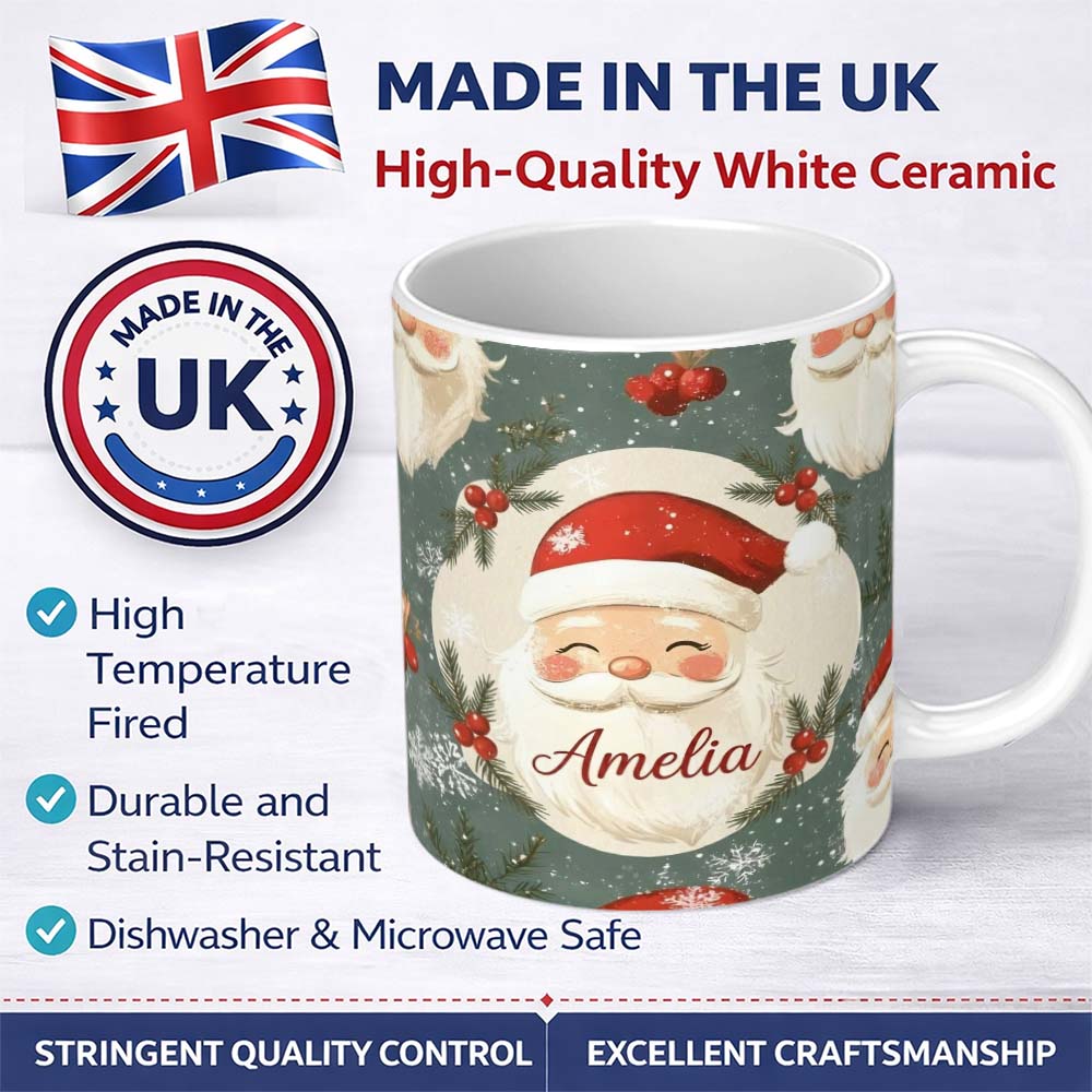 Personalized Custom Name Cute Santa Claus Face Snowflakes Festive Seamless Pattern Lovely 11oz Ceramic Coffee Tea Mug White Large Handle