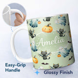 Personalized Custom Name Halloween Ghost Pumpkin Cat Seamless Pattern Sage Cute Spooky Design 11oz Ceramic Coffee Tea Mug White Large Handle