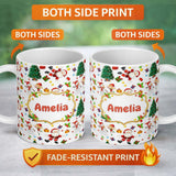 Personalized Custom Name Santa Snowman Christmas Tree Gift Seamless Pattern Design Holiday 11oz Ceramic Coffee Tea Mug White Large Handle