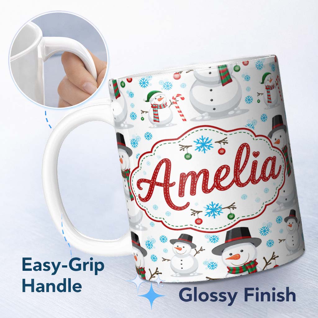 Personalized Custom Name Happy Snowman Winter Holiday Seamless Pattern Cute Unique Gift 11oz Ceramic Coffee Tea Mug White Large Handle