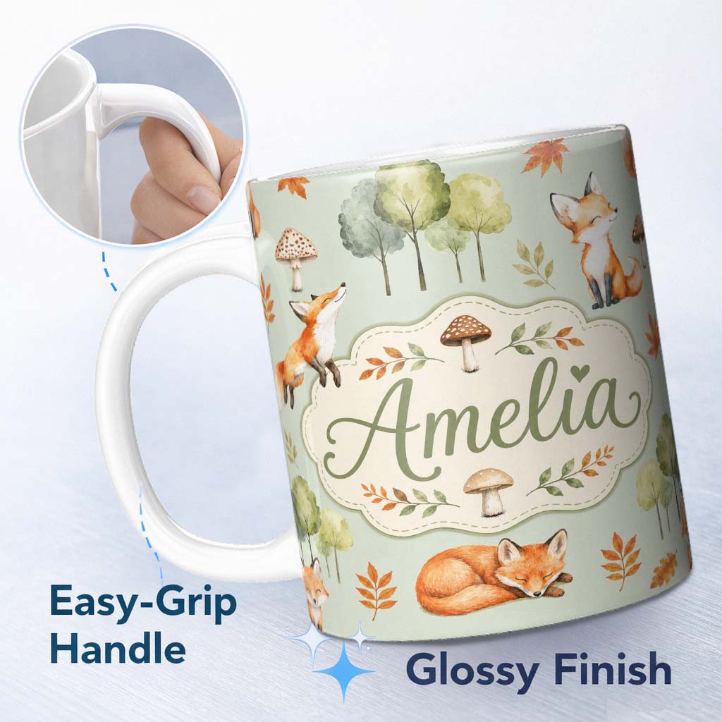 Personalized Custom Name Woodland Fox with Trees Leaves Mushrooms Soft Green Seamless 11oz Ceramic Coffee Tea Mug White Large Handle