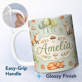 Personalized Custom Name Woodland Fox with Trees Leaves Mushrooms Soft Green Seamless 11oz Ceramic Coffee Tea Mug White Large Handle