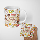 Personalized Custom Name Cute Kawaii Breakfast Food Seamless Pattern Grey Background Fun 11oz Ceramic Coffee Tea Mug White Large Handle