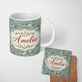 Personalized Custom Name Soft Blue Floral and Berry Sprigs Seamless Pattern with Polka Dots 11oz Ceramic Coffee Tea Mug White Large Handle