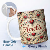 Personalized Custom Name Vintage Red Heart Floral Swirl Ornamental Seamless Pattern Lovely 11oz Ceramic Coffee Tea Mug White Large Handle