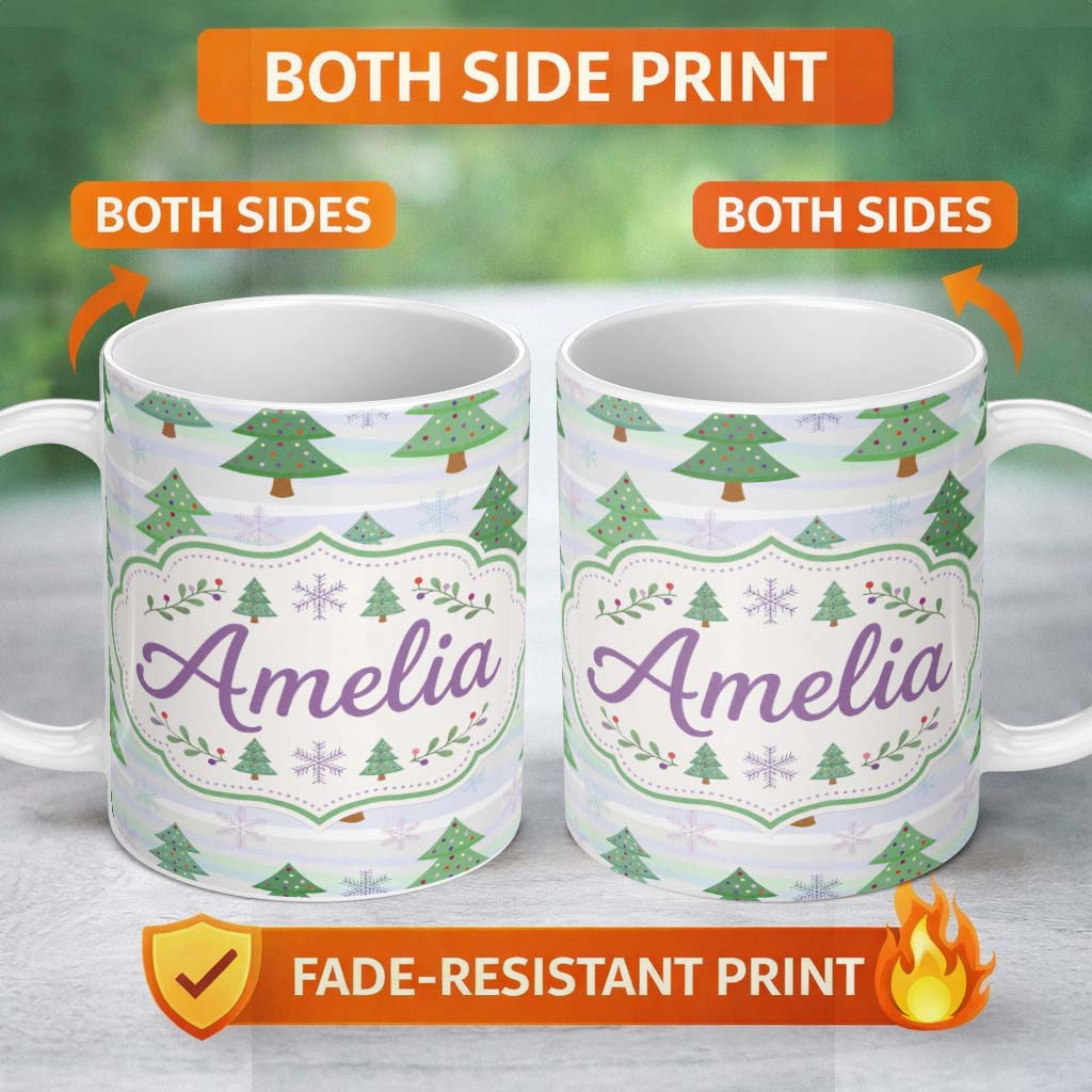 Personalized Custom Name Pastel Christmas Trees with Snowflakes and Soft Stripes Seamless 11oz Ceramic Coffee Tea Mug White Large Handle