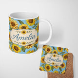 Personalized Custom Name Bright Yellow Sunflower Blue Background Seamless Pattern Name Cute 11oz Ceramic Coffee Tea Mug White Large Handle
