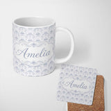 Personalized Custom Name Elegant Soft Grey Damask Floral Ornamental Seamless Pattern Lovely 11oz Ceramic Coffee Tea Mug White Large Handle