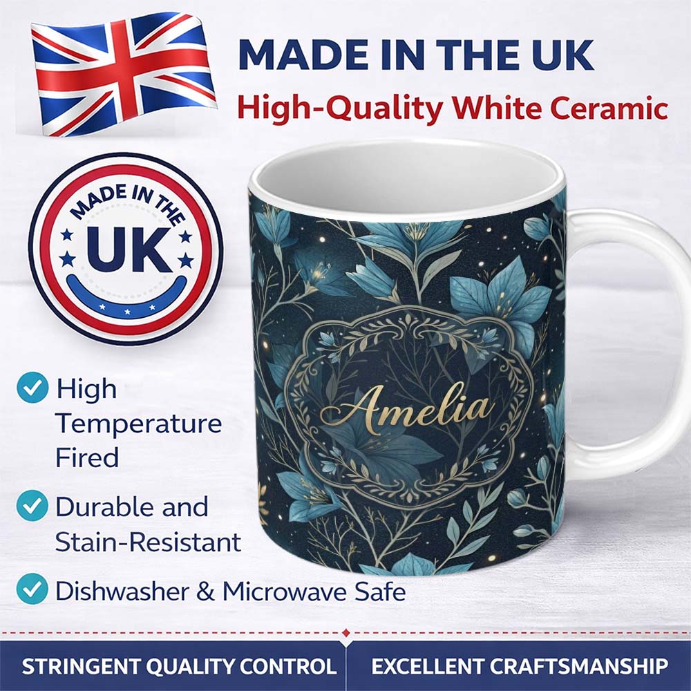 Personalized Custom Name Crystal Moon Starry Sky Botanical Elements Seamless Pattern Lovely 11oz Ceramic Coffee Tea Mug White Large Handle