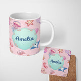 Personalized Custom Name Cute Blue Hair Mermaid Jellyfish Seahorse Soft Pink Background 11oz Ceramic Coffee Tea Mug White Large Handle