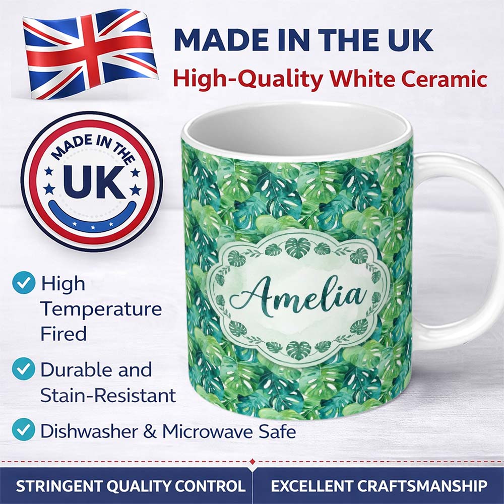 Personalized Custom Name Rich Green Monstera Jungle Leaves Dense Seamless Pattern Lovely 11oz Ceramic Coffee Tea Mug White Large Handle