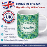 Personalized Custom Name Rich Green Monstera Jungle Leaves Dense Seamless Pattern Lovely 11oz Ceramic Coffee Tea Mug White Large Handle