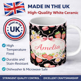 Personalized Custom Name Strawberry Cherry Daisy Soft Neutral Outline Cute Coquette Floral 11oz Ceramic Coffee Tea Mug White Large Handle