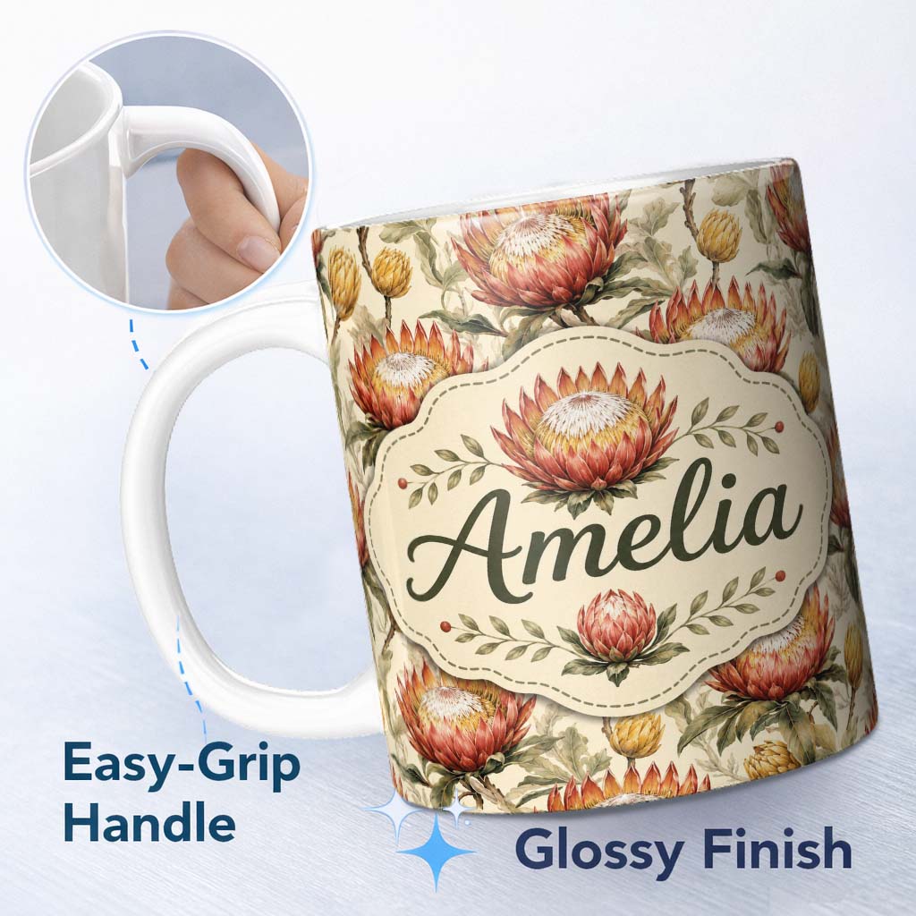 Personalized Custom Name Protea Flowers with Yellow Buds Botanical Seamless Pattern Lovely 11oz Ceramic Coffee Tea Mug White Large Handle