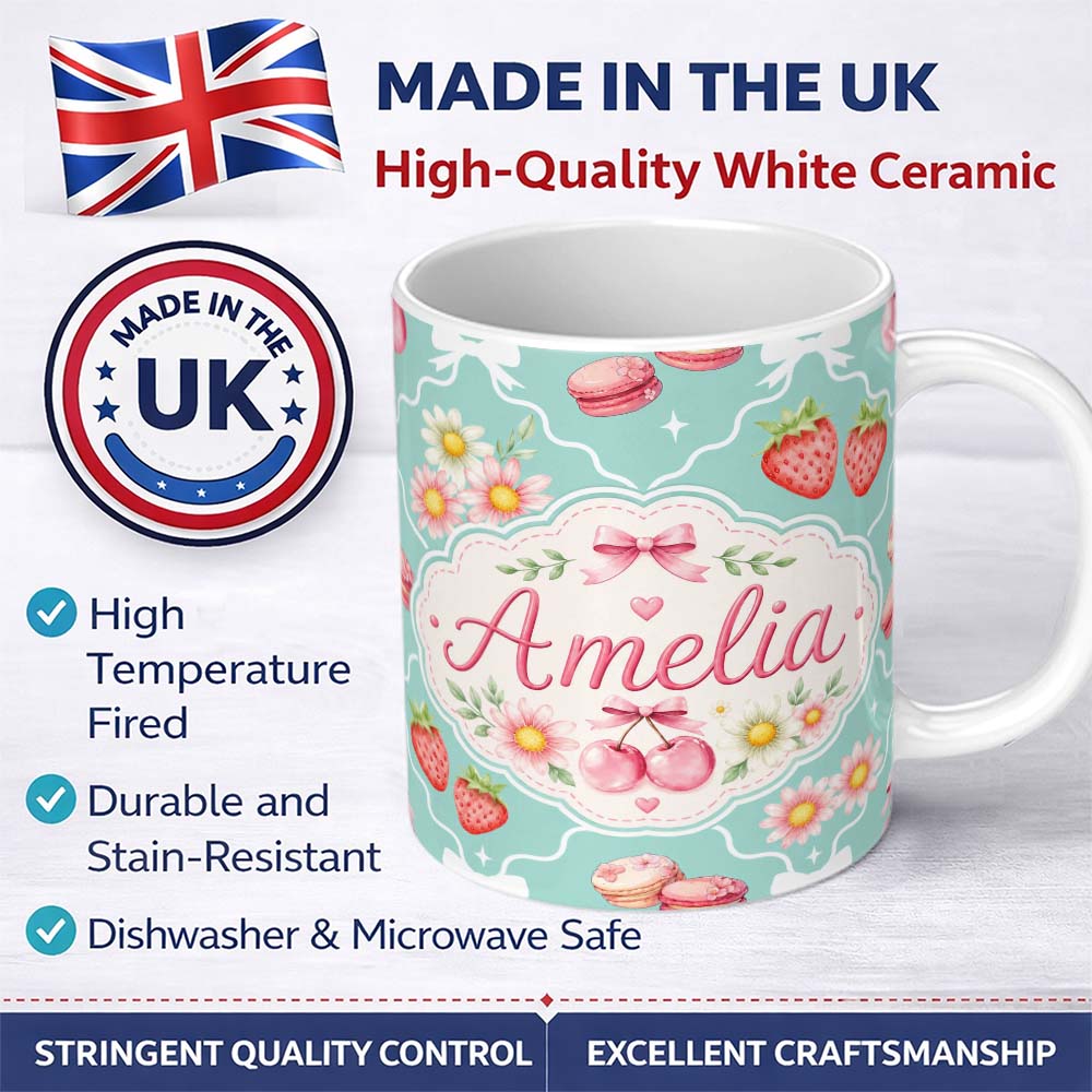 Personalized Custom Name Cute Strawberry Cherry Daisy Floral Bow Sweet Dessert Teal Green 11oz Ceramic Coffee Tea Mug White Large Handle