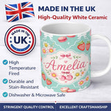 Personalized Custom Name Cute Strawberry Cherry Daisy Floral Bow Sweet Dessert Teal Green 11oz Ceramic Coffee Tea Mug White Large Handle