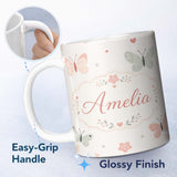Personalized Custom Name Cute Pastel Butterflies and Hearts Minimal Seamless Pattern Lovely 11oz Ceramic Coffee Tea Mug White Large Handle