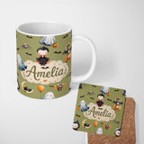Personalized Custom Name Halloween Vampire Ghost Bats Spooky Characters Olive Green Seamless 11oz Ceramic Coffee Tea Mug White Large Handle