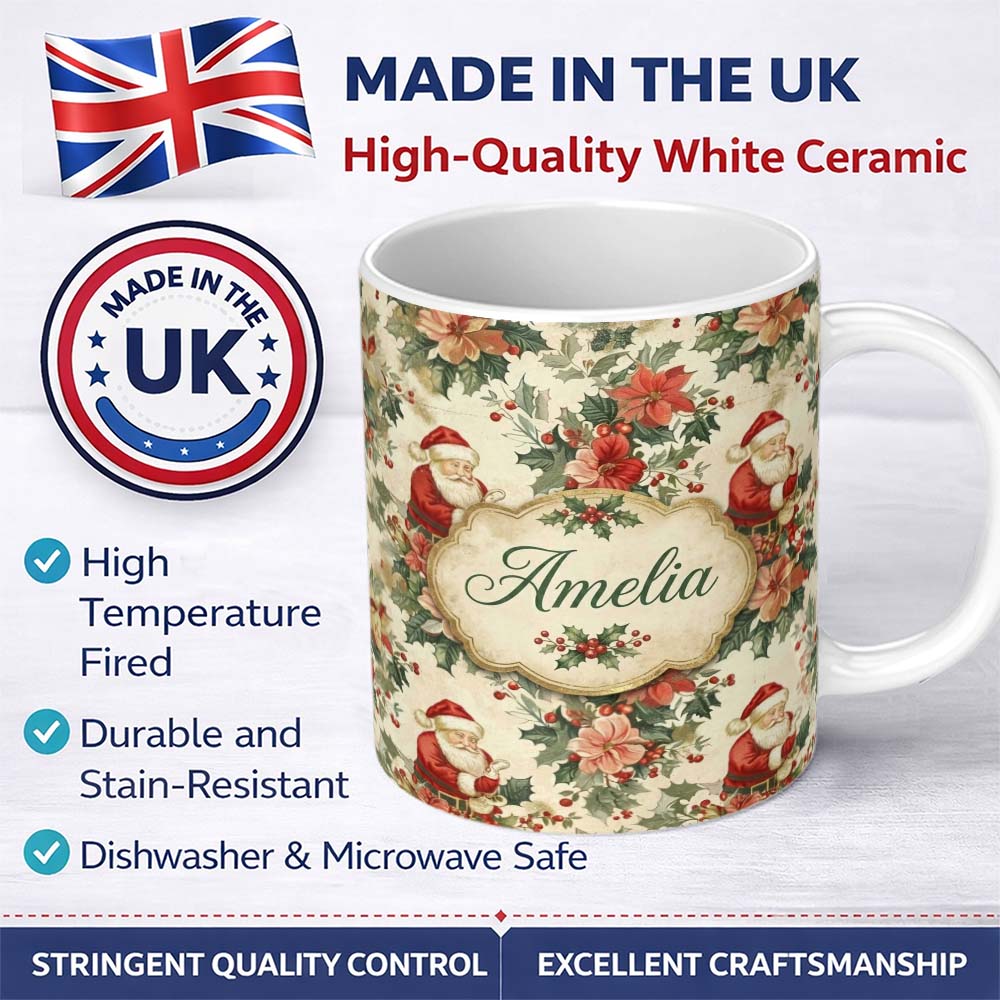 Personalized Custom Name Vintage Santa Claus Holly Floral Christmas Seamless Pattern Lovely 11oz Ceramic Coffee Tea Mug White Large Handle