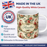 Personalized Custom Name Vintage Santa Claus Holly Floral Christmas Seamless Pattern Lovely 11oz Ceramic Coffee Tea Mug White Large Handle