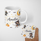 Personalized Custom Name Halloween Witch Girl with Black Cats Moon and Stars Light Grey 11oz Ceramic Coffee Tea Mug White Large Handle