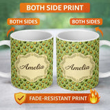 Personalized Custom Name Green Avocado Pear Seamless Pattern Textured Background Botanical 11oz Ceramic Coffee Tea Mug White Large Handle