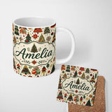 Personalized Custom Name Ornate Christmas Trees Red Green Gold Baubles Festive Seamless 11oz Ceramic Coffee Tea Mug White Large Handle