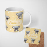 Personalized Custom Name Cute Baby Koala Bears on Soft Beige Background Seamless Pattern 11oz Ceramic Coffee Tea Mug White Large Handle
