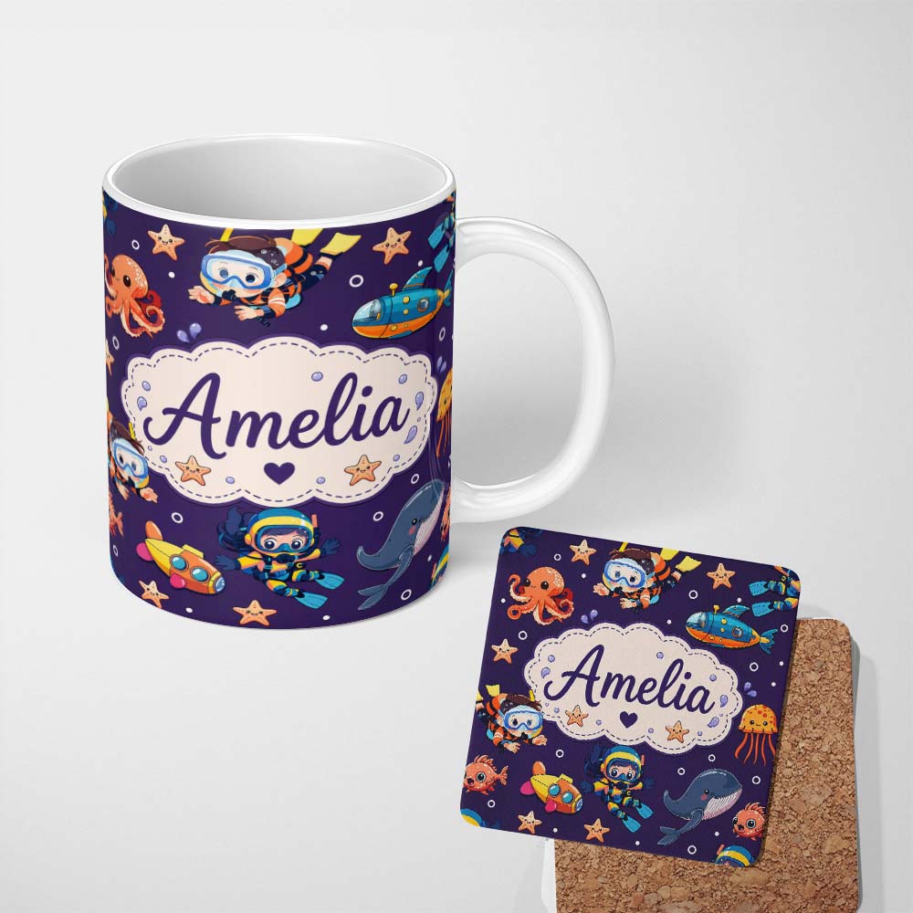 Personalized Custom Name Underwater with Scuba Divers Starfish and Whale on Rich Purple 11oz Ceramic Coffee Tea Mug White Large Handle
