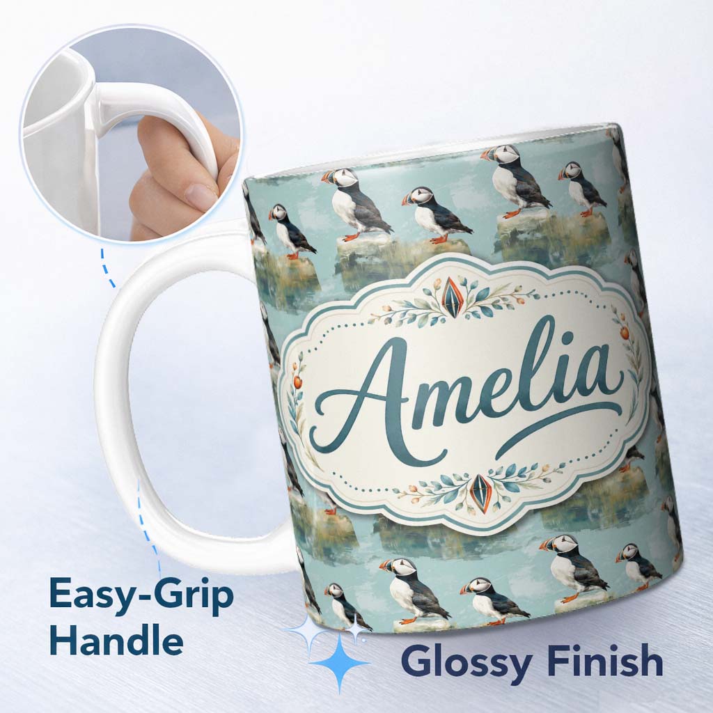 Personalized Custom Name Puffin Bird Pattern Coastal Wildlife Rock Scene Seamless Design 11oz Ceramic Coffee Tea Mug White Large Handle