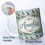 Personalized Custom Name Puffin Bird Pattern Coastal Wildlife Rock Scene Seamless Design 11oz Ceramic Coffee Tea Mug White Large Handle