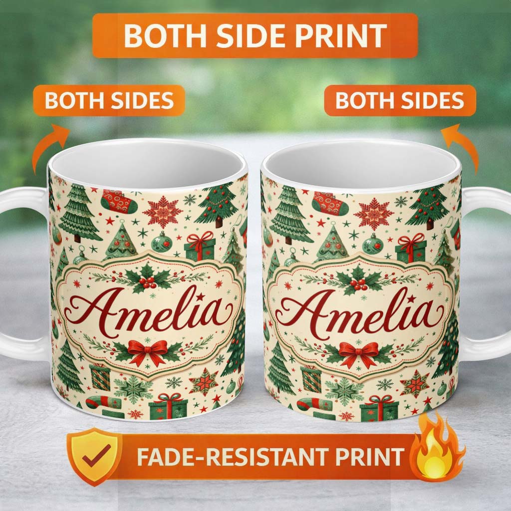 Personalized Custom Name Cute Christmas Trees Stockings Snowflakes Festive Holiday Design 11oz Ceramic Coffee Tea Mug White Large Handle