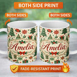Personalized Custom Name Cute Christmas Trees Stockings Snowflakes Festive Holiday Design 11oz Ceramic Coffee Tea Mug White Large Handle