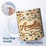 Personalized Custom Name Warm Vintage Camera Pattern with Wooden Texture Background Seamless 11oz Ceramic Coffee Tea Mug White Large Handle