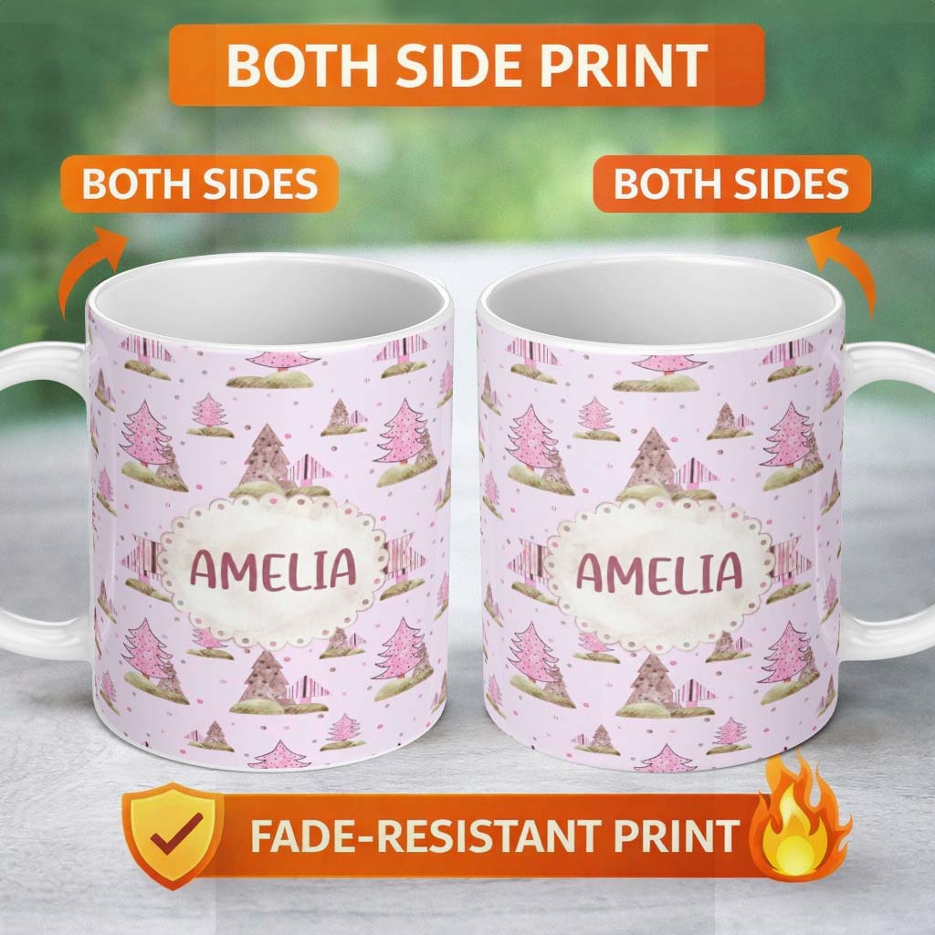 Personalized Custom Name Hand Drawn Pink Winter Forest Trees Seamless Pattern Lovely 11oz Ceramic Coffee Tea Mug White Large Handle