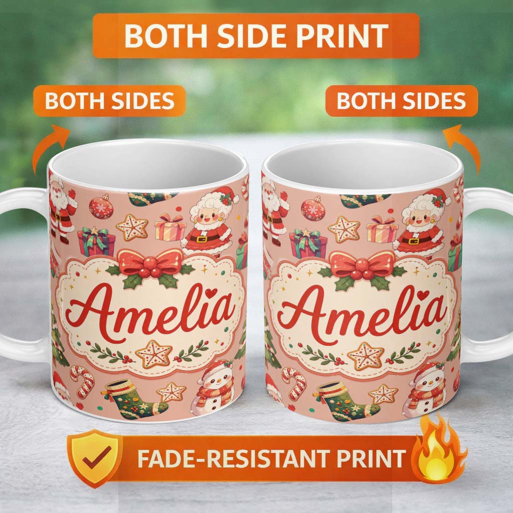 Personalized Custom Name Cute Santa Claus Mrs Claus Snowman Christmas Gift Pattern Peach 11oz Ceramic Coffee Tea Mug White Large Handle
