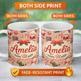 Personalized Custom Name Cute Santa Claus Mrs Claus Snowman Christmas Gift Pattern Peach 11oz Ceramic Coffee Tea Mug White Large Handle