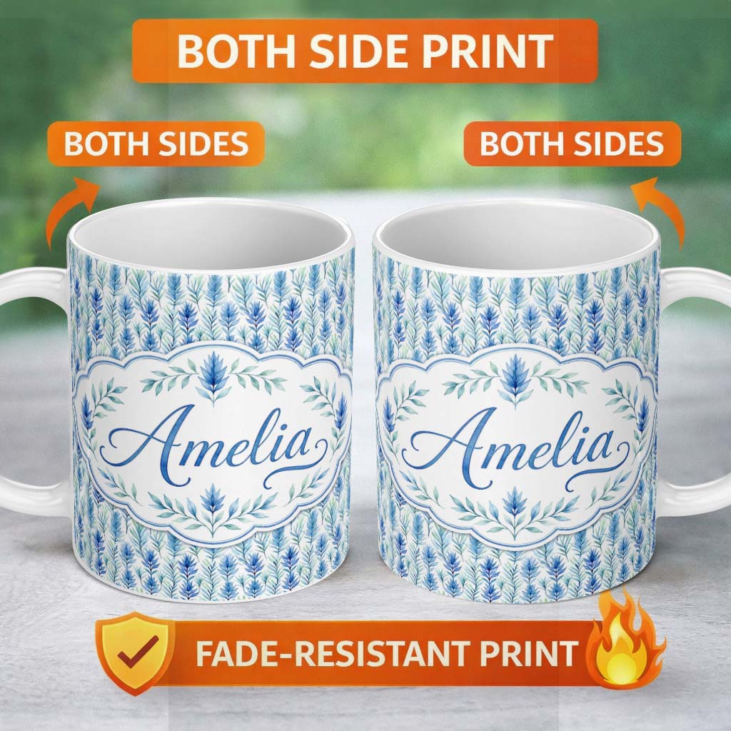 Personalized Custom Name Blue and Green Leaf Watercolor Botanical Seamless Pattern Lovely 11oz Ceramic Coffee Tea Mug White Large Handle