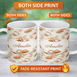 Personalized Custom Name Floral Vintage Croissant Tea Cup Seamless Pattern Shabby Chic Style 11oz Ceramic Coffee Tea Mug White Large Handle