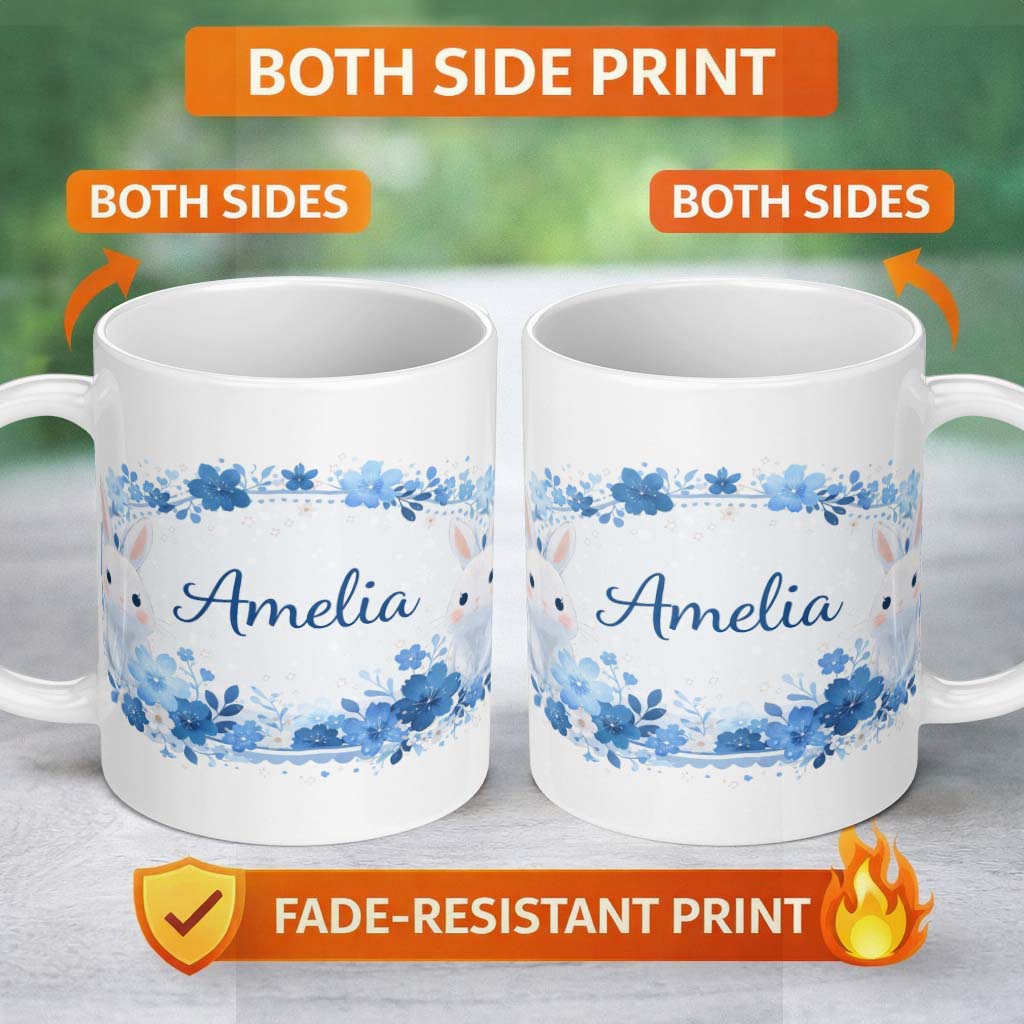 Personalized Custom Name Cute Blue Floral Bunny Illustration Seamless Pattern Lovely 11oz Ceramic Coffee Tea Mug White Large Handle