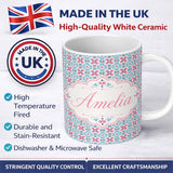 Personalized Custom Name Vintage Floral Tile in Soft Pink and Blue Symmetrical Design Lovely 11oz Ceramic Coffee Tea Mug White Large Handle